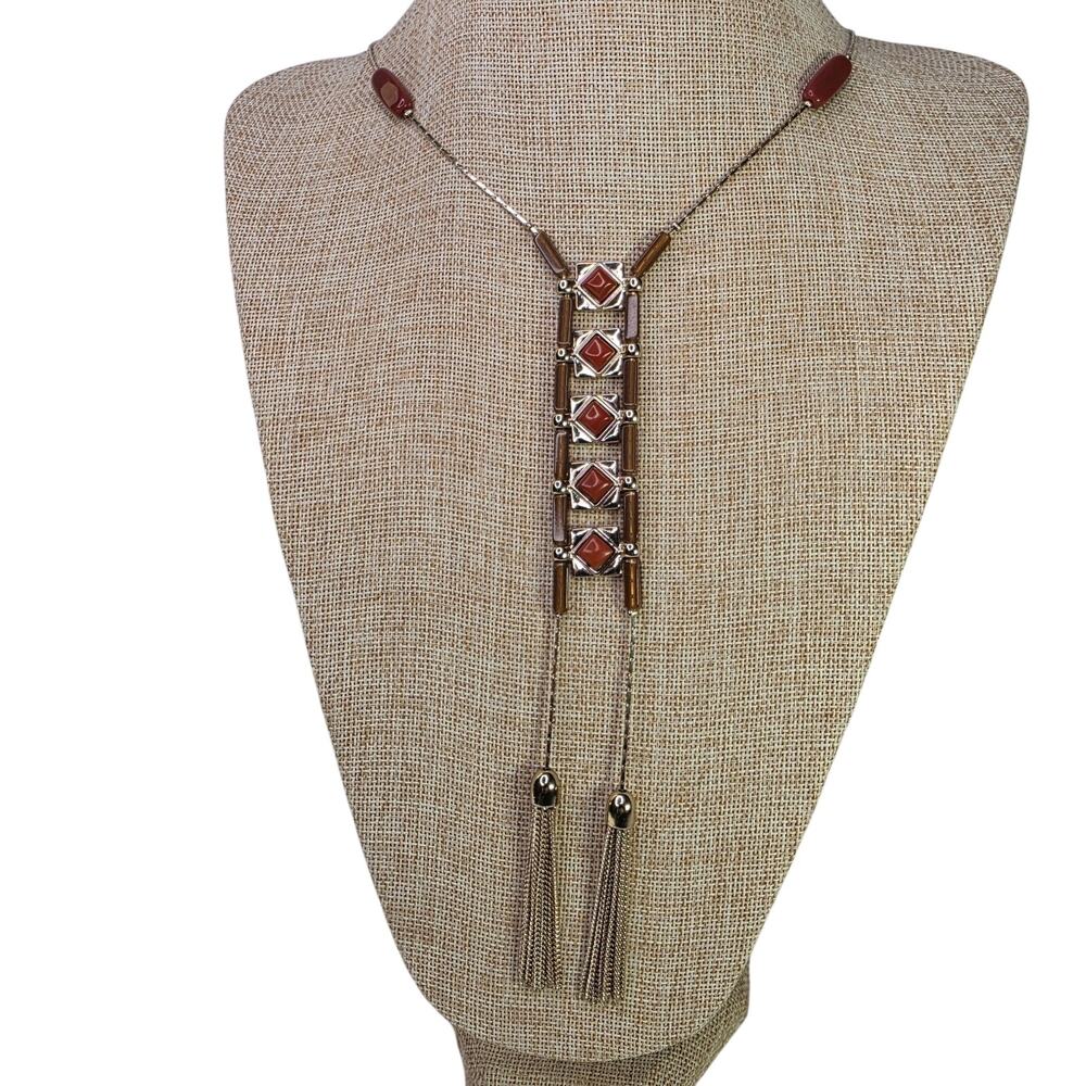 Vintage Necklace White House Black Market Pale Red w/ Gold Tone Chain Fringe 34"